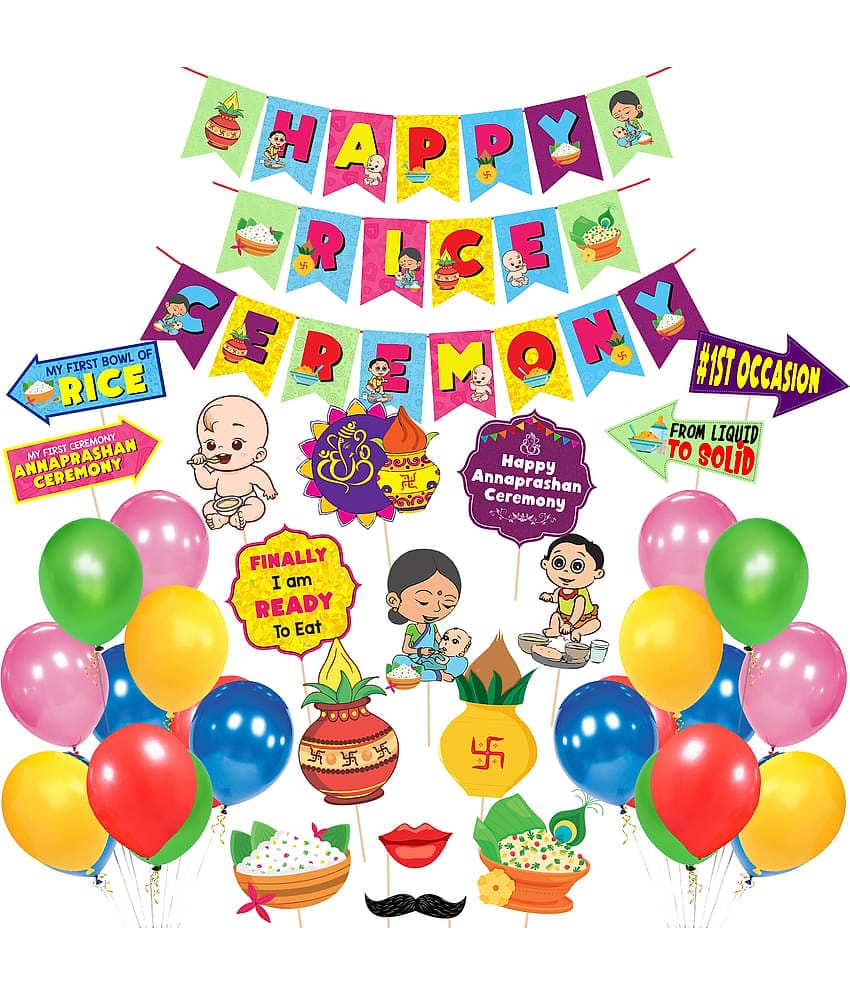 Zyozi 1 Set Happy Rice Ceremony Banner With 16 Pcs Annaprasanam Photo Booth Props and 40 pcs Balloon/Annaprashan Decoration Items/Baby Photoshoot Props for Rice Ceremon