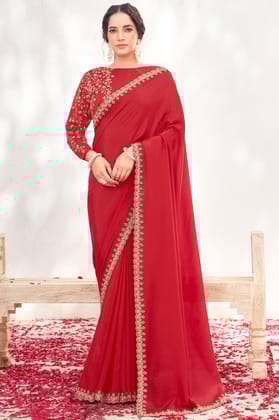 Red Embroidered Crepe Silk Saree