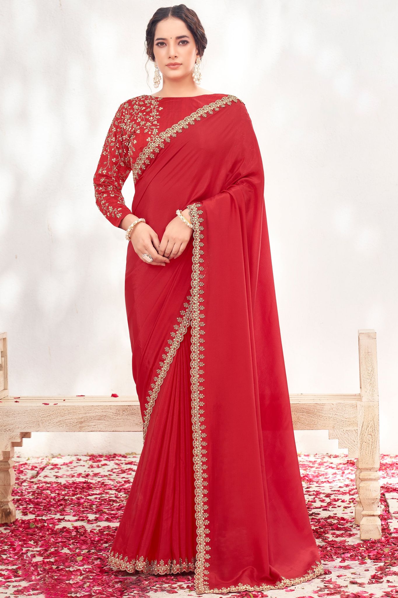 Red Embroidered Crepe Silk Saree
