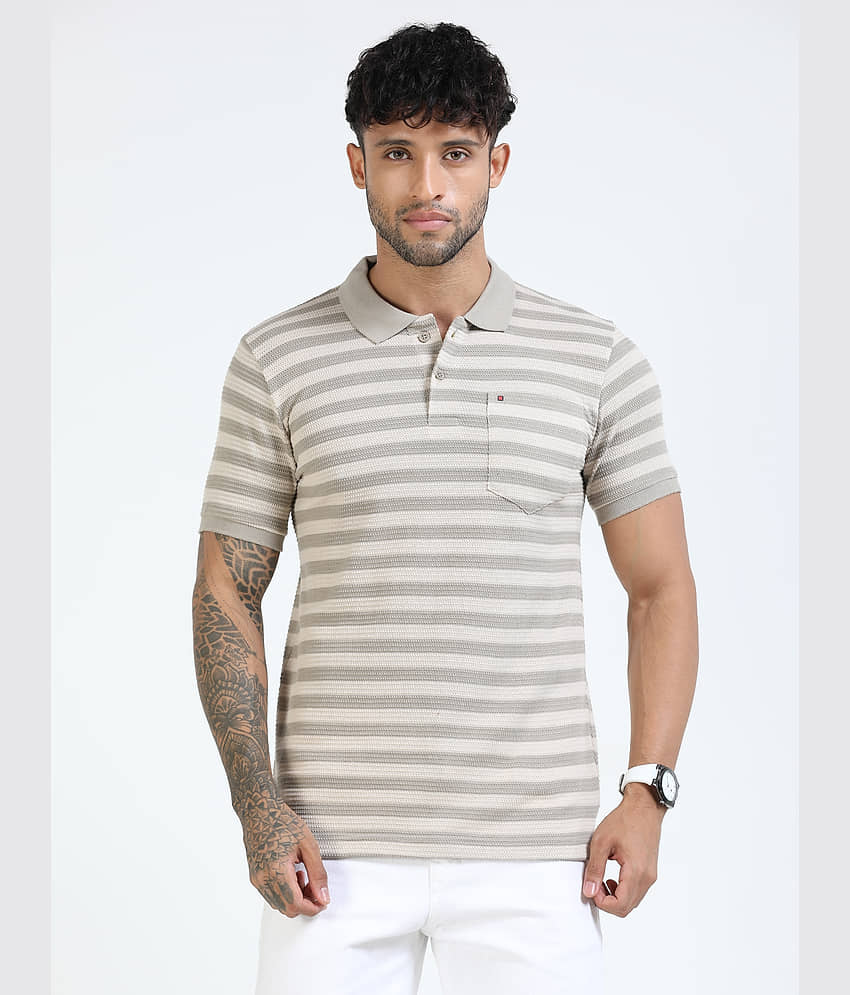 Cool Colors Men Cotton Blend Slim Fit Striped Polo T Shirt ( Cream )