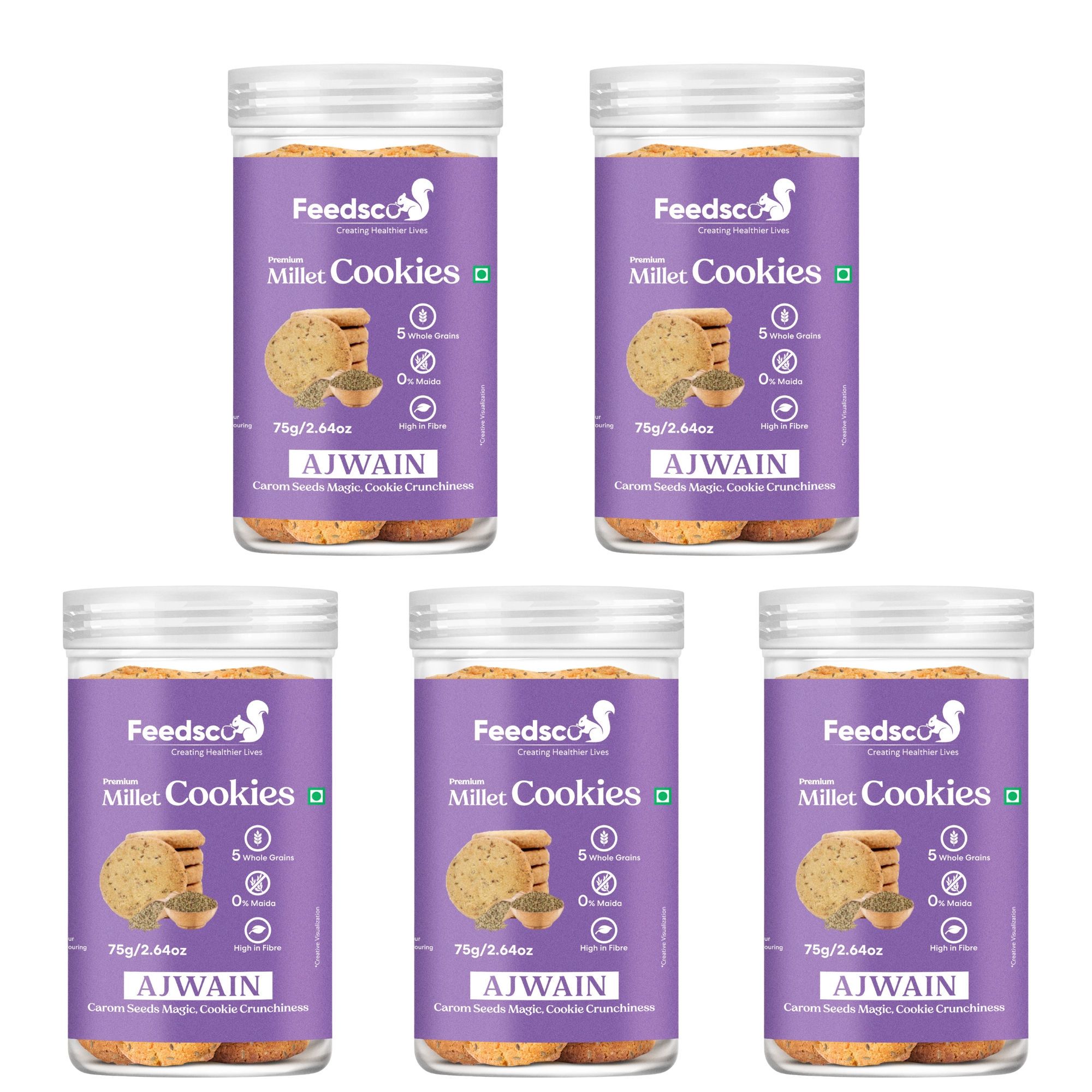 Feedsco Ajwain Millet Cookies (75g x 5 Packs) - Tasty & Healthy Snack with Natural Sweetness - Ajwain (carom seed) Flavour, Best Healthy Cookies for Kids & Adults