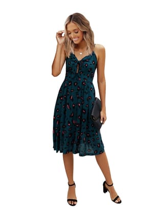 V Neck Spaghetti Strap Leopard Print Midi Dress-S / BLUE