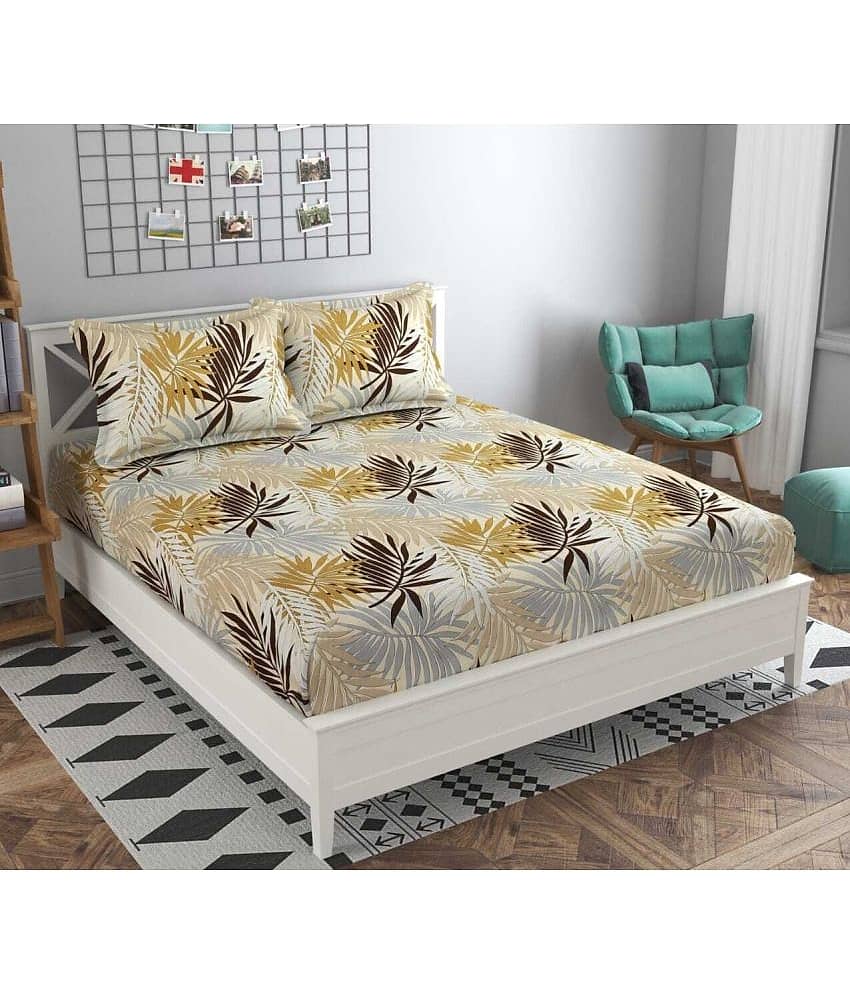 Decent Home Cotton Floral 1 Bedsheet with 2 Pillow Covers - Gold