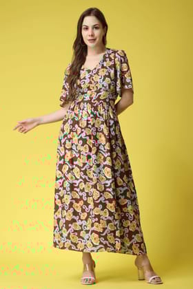 Brown Floral Printed Maxi Dress-L / Brown