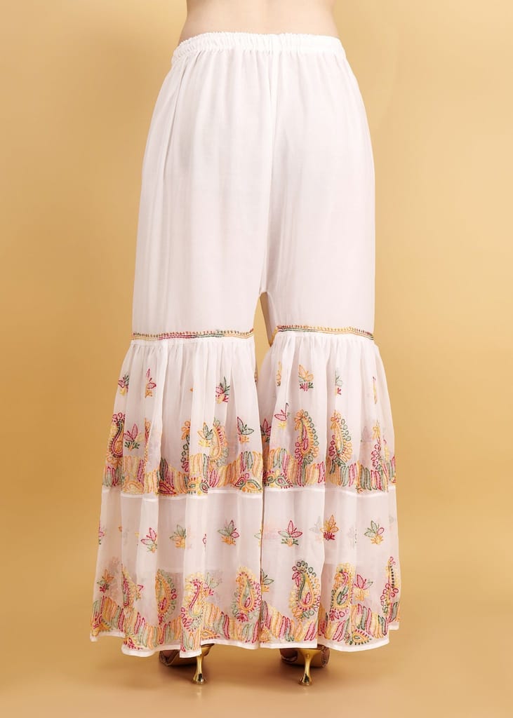 Hand Embroidered Georgette Multi Colored Chkankari Flared Sarara