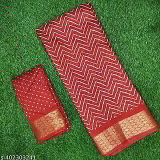 Red Colour Zigzag Printed  Print Zari Border Dola Silk Saree With Blouse Piece