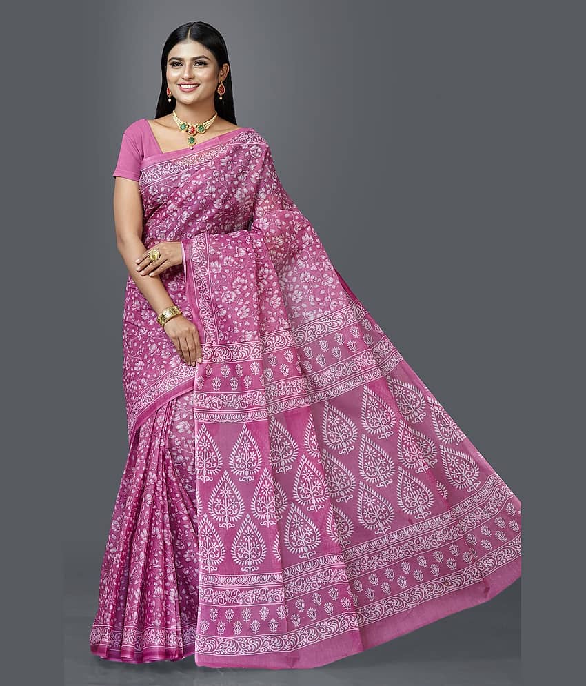 SHANVIKA Cotton Printed Saree Without Blouse Piece ( Pink )