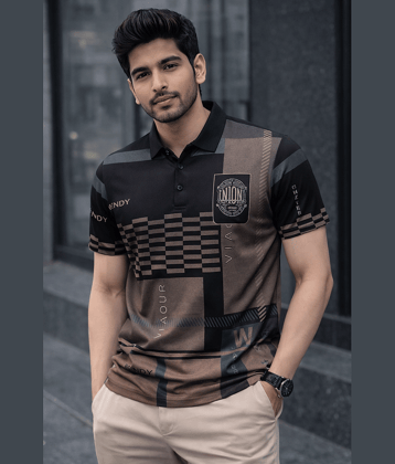 TAZO Men Polyester Regular Fit Printed Polo T Shirt ( Black )