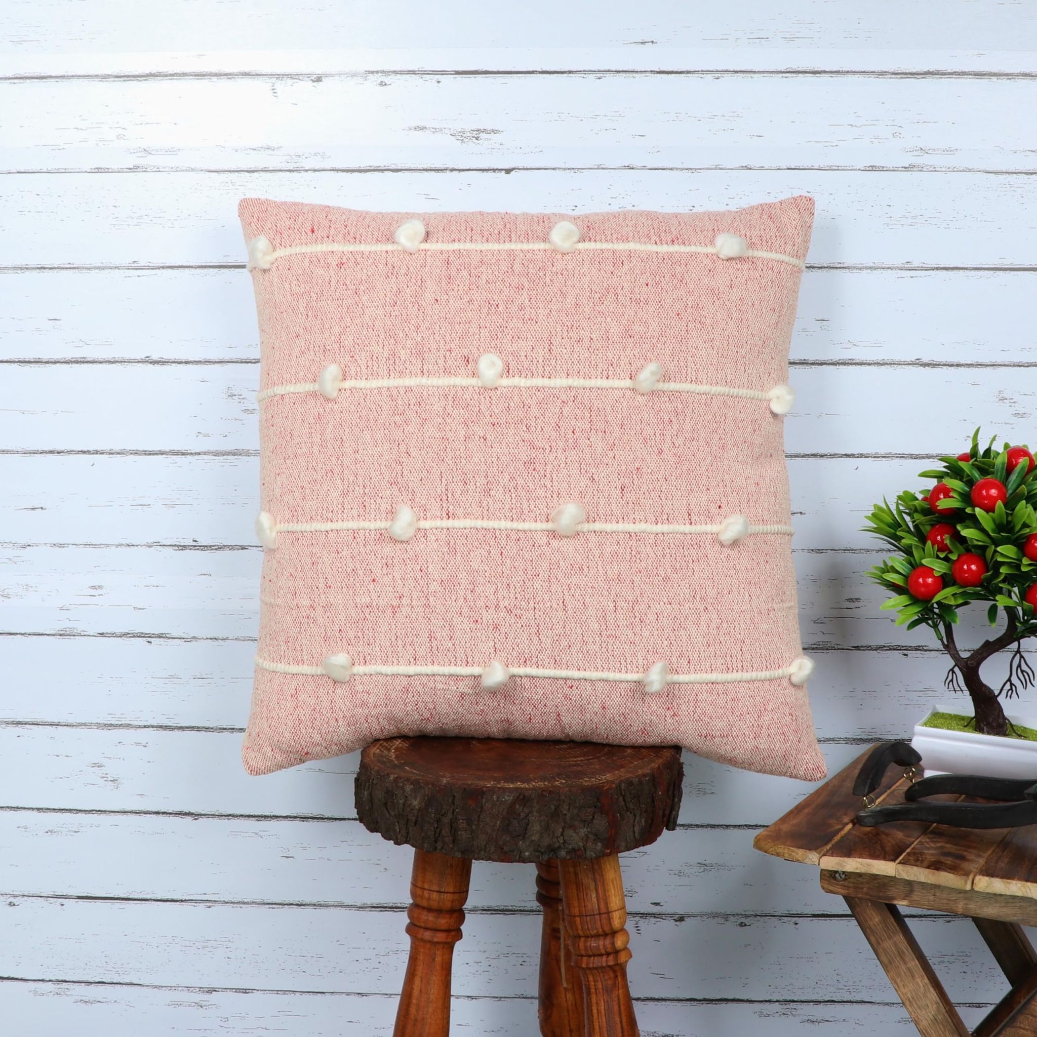 Indihomecraft Handicraft Cotton Cushion Cover | Hand Stitched Embroidery | Pink Decorative Art Boho Pillow | Handmade Woven Pillow Cover | Square Shape 18X18 Inches Cushion Cover