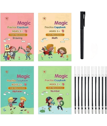 Magic Practice Copybook - (1 Pen + 1 Grip + 4 BOOKS + 10 REFILL) Number Tracing Book - Writing Book