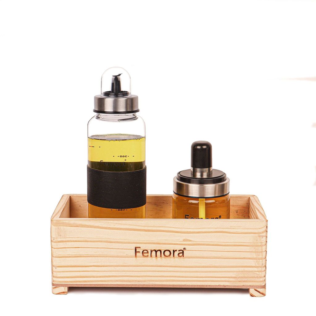 Femora Borosilicate Glass Oil Bottle, 500 ML with Ghee Brush Jar 250 ML in One Wooden Tray for Kitchen