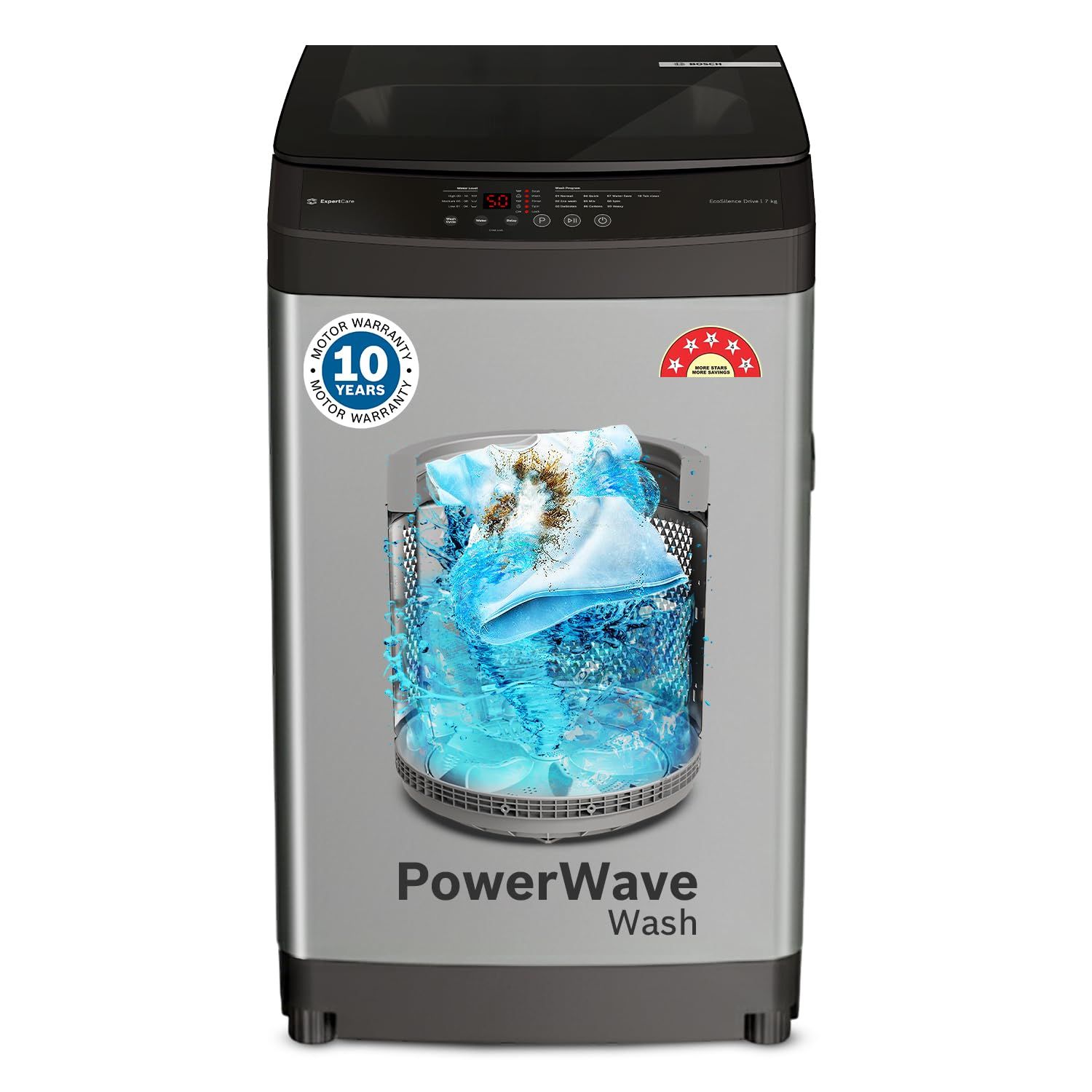 Bosch 7 kg 5 Star Fully Automatic Top Load Washing Machine,PowerWave Wash,Inbuilt Dual Lint Filter, Stainless Steel VarioDrum with 5 fin Pulsator, Water Save, Flex Drain, Dark Grey (WOE70AH0IN) Bosch 7 kg 5 Star Fully Automatic Top Load Washing Machine,P