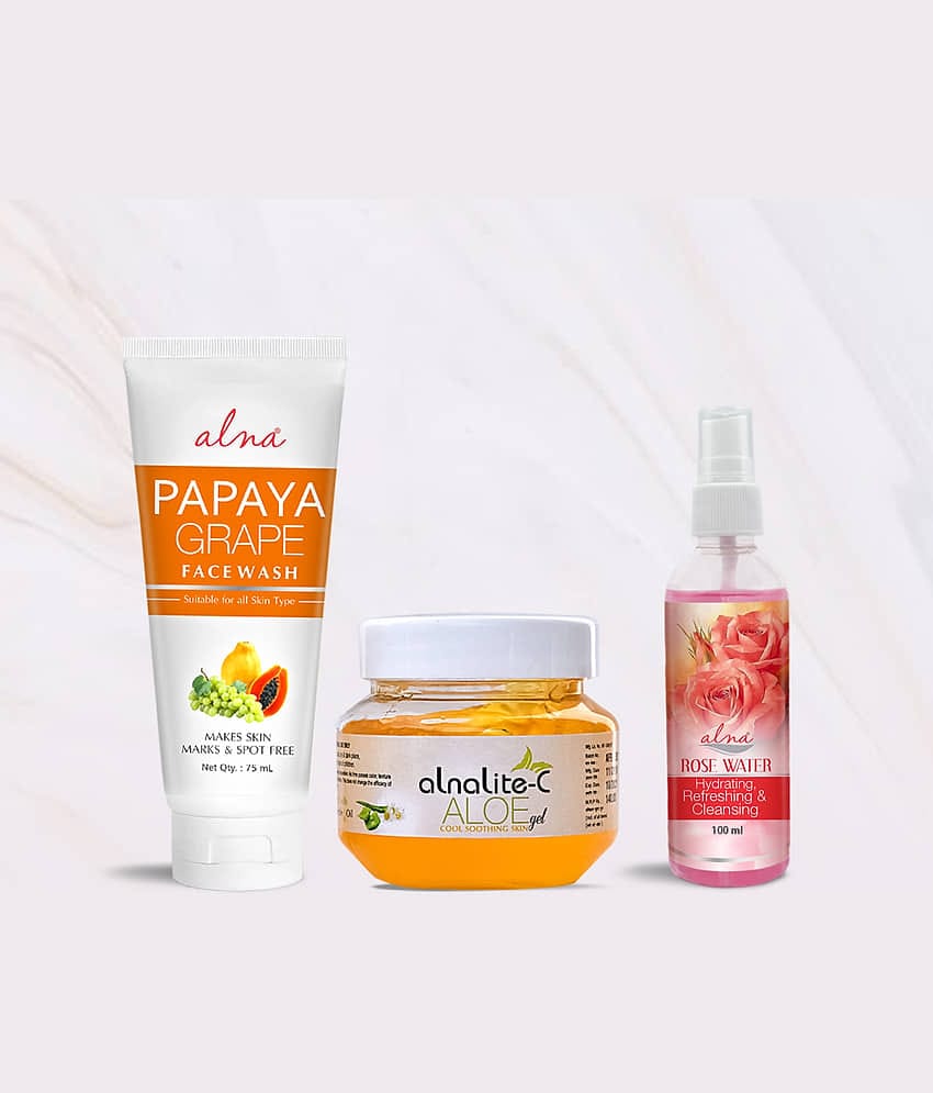 Alna Papaya Grape Face Wash 75ml with Alnalite-C Aloe Gel 100gm & Rose Water 100ml , Pack of 3