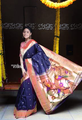 Rajsi~ Pure Silk Handloom - Muniya Border in Navy Blue with Rich Coral Zari  Border