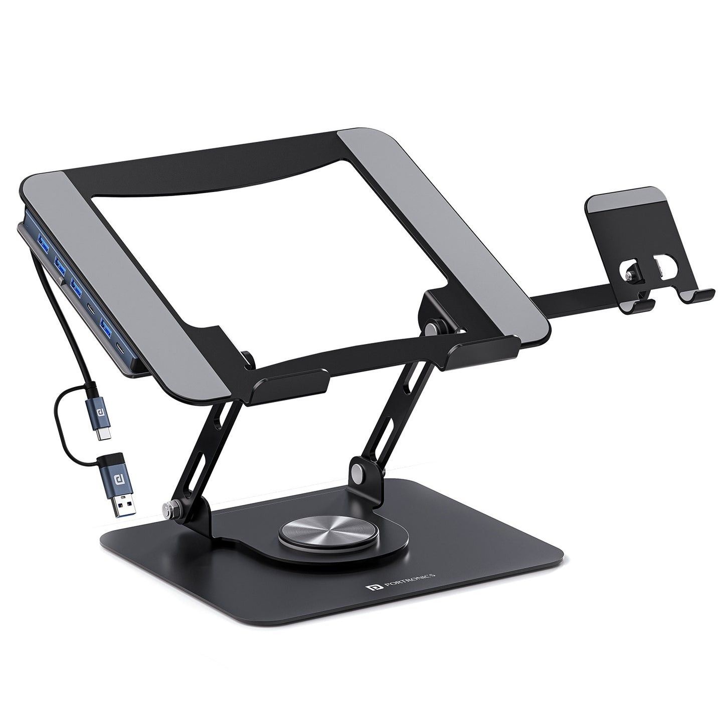 Portronics My Buddy K9 Pro Max Height & Angle Adjustable, Compatible with Devices Up to 17 Inches, Anti-slip Silicone Pads, Foldable & Portable, Includes 6-in-1 USB Hub, Integrated USB Hub & Phone Holder - Black