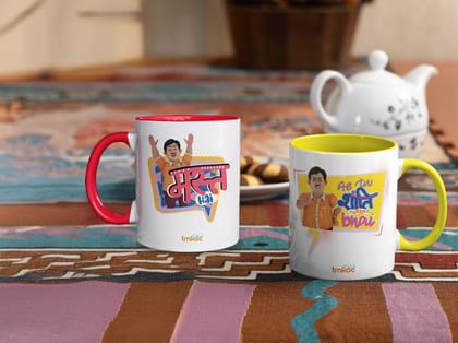 Taarak Mehta Ka Ooltah Chashmah Printed Ceramic Coffee Mug - 325ML, Pack of 2 | White with Red & Yellow Inner & Handle