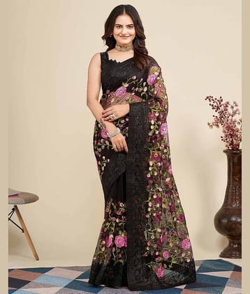 Aika Net Embroidered Saree With Unstitched Blouse Piece ( Wine )