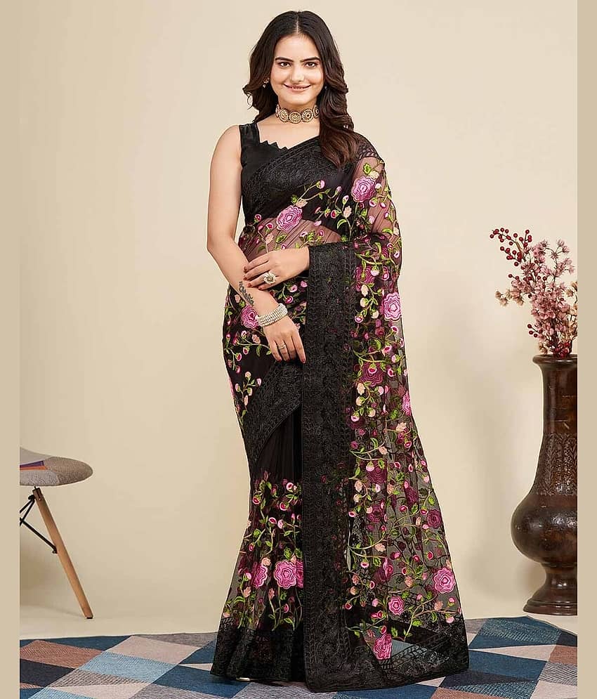 Aika Net Embroidered Saree With Unstitched Blouse Piece ( Wine )