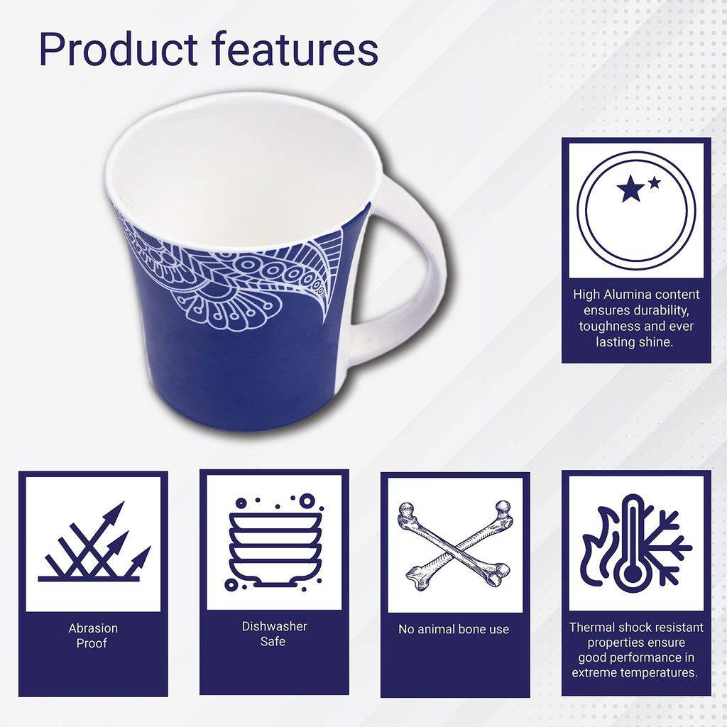 Femora Rich Paisley Pattern Tea Cups, Ceramic Tea Cups, Coffee Mugs (160 ml) - 6 Pcs Set (Blue)