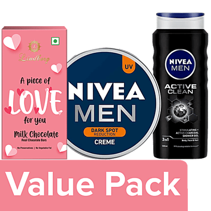 Nivea Valentine's Day Lindberg Chocolate & Nivea Men Body & Face Gift Set for Him, 3 item Combo