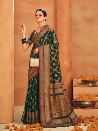Dark Green Poly Viscose Georgette Woven Banarasi Designer Saree