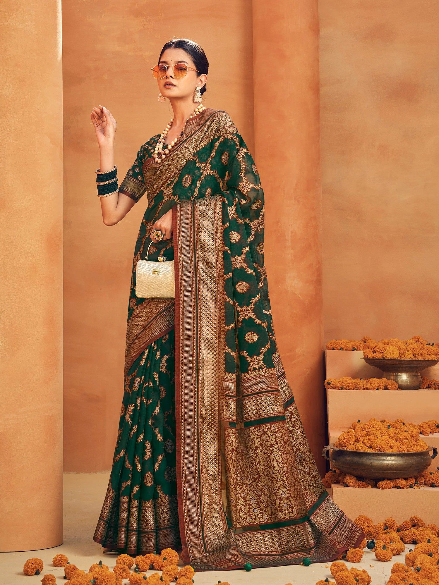 Dark Green Poly Viscose Georgette Woven Banarasi Designer Saree