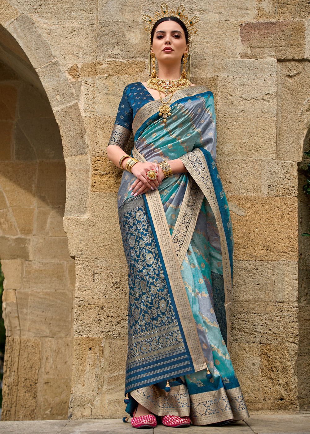 Aqua Blue Printed Soft Silk Saree
