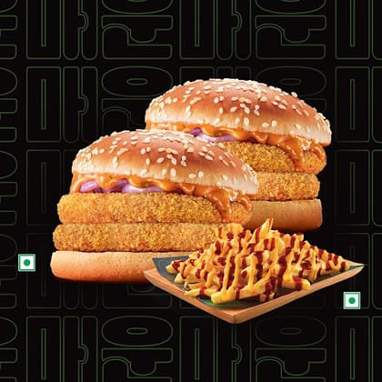 2Crispy Veg Double Patty Burger+Korean Spicy Fries. 2Crispy Veg Double Patty Burger+Korean Spicy Fries.