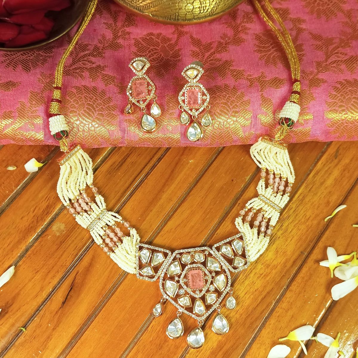 Polki Choker with Pastel Pink Beads Jewellery set