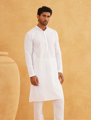 Men's Cotton Embroidered Thread Work White Kurta-36