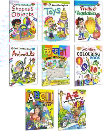 Set Of 8 Colouring Books For Children | '0' Level Shapes & Objects, Toys, Fruits & Vegetables, Animals, Hindi Alphabet Colouring Book, Number Colouring Book 1 To 10, A B C Colouring Book, A-Z Colouring Book (Paperback, Manoj Publications Editorial Board)