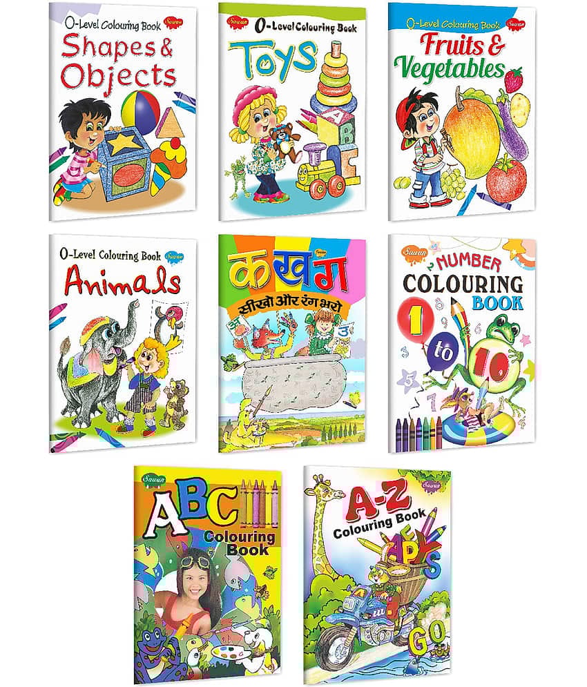 Set Of 8 Colouring Books For Children | '0' Level Shapes & Objects, Toys, Fruits & Vegetables, Animals, Hindi Alphabet Colouring Book, Number Colouring Book 1 To 10, A B C Colouring Book, A-Z Colouring Book (Paperback, Manoj Publications Editorial Board)
