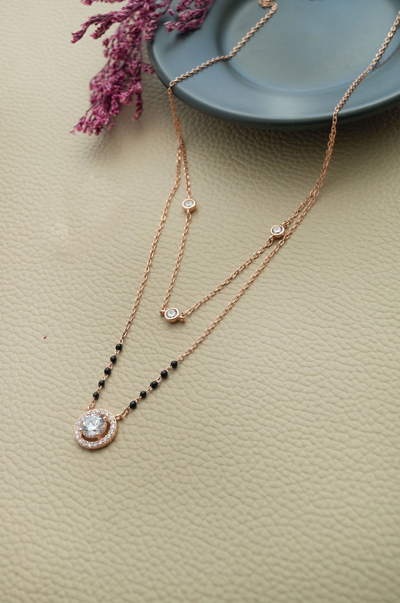 Sparkling Solitaire Multilayer Rose Gold Plated Sterling Silver Mangalsutra Necklace Set-Rose
