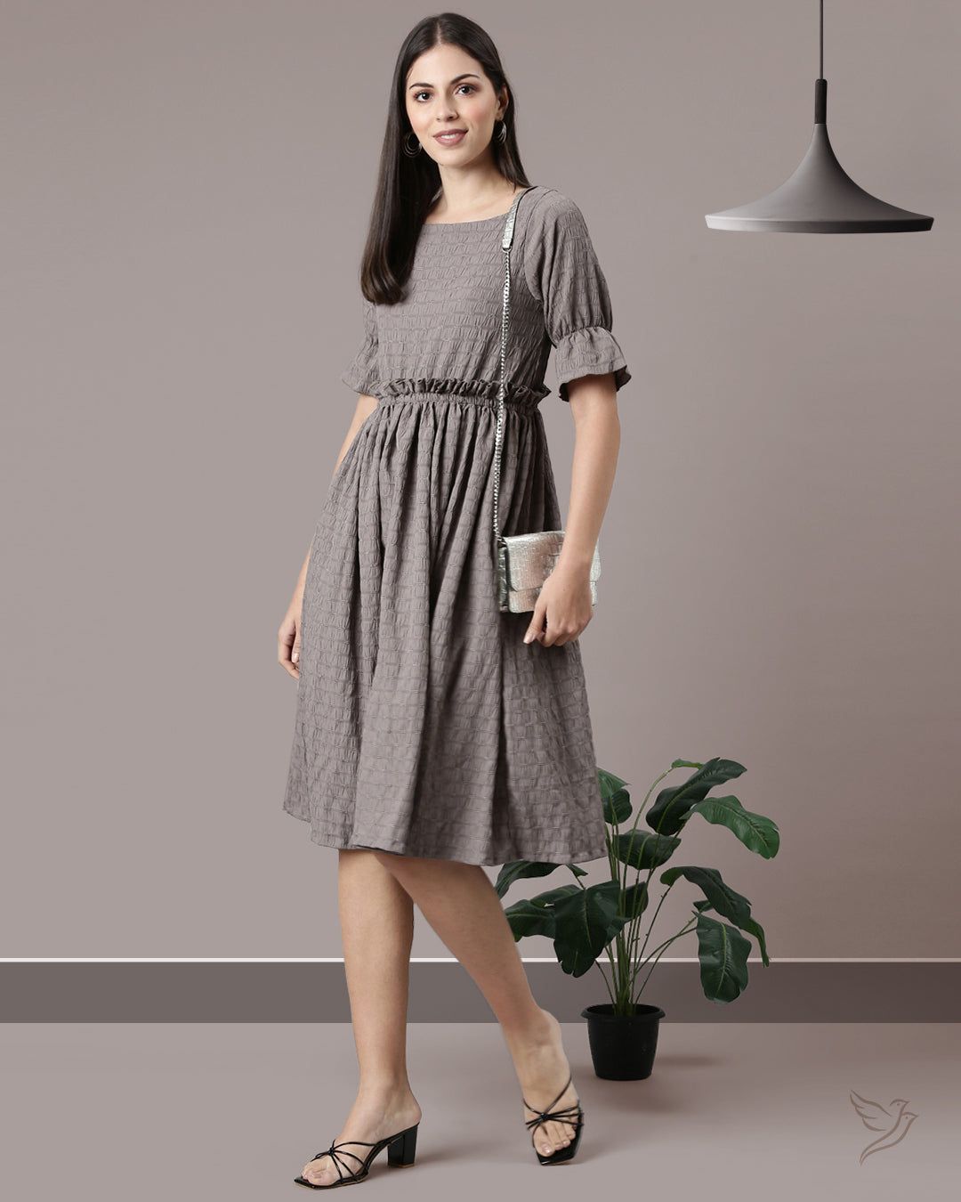 Ruffle Waist Dress - Grey-XL / Steel Grey Textured