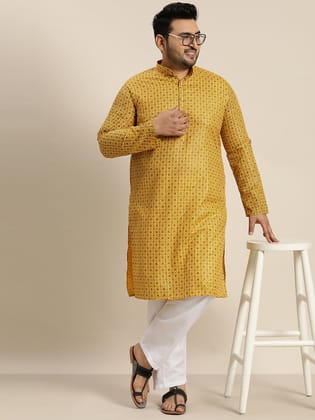 Men's Cotton Linen Mustard Foil printed Kurta and White Pyjama-44