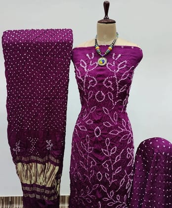 Heavy Modal Ghazi Silk Barik Bandhej work Bandhani Dress Material (Unstitched)-Magenta