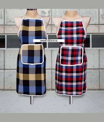 CreadCraft Cotton Checks Kitchen Apron with 1 Center Pocket ( Pack of 2 )