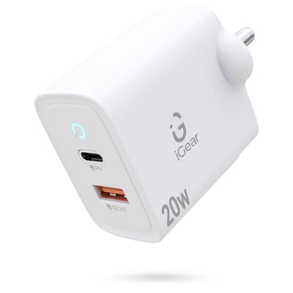 iGear Core 20 (W-002) Charger with 2 in 1 PD QC 3.0 20W Dual Port Fast Charging ,Type C Adapter- White