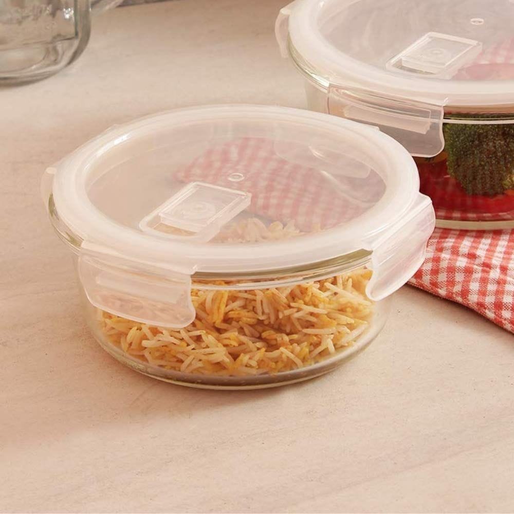 Femora Borosilicate Glass Microwave Safe Round Food Storage Container with Air Vent Lid (380 ml, Pack of 2), 1 Year Free Replacement