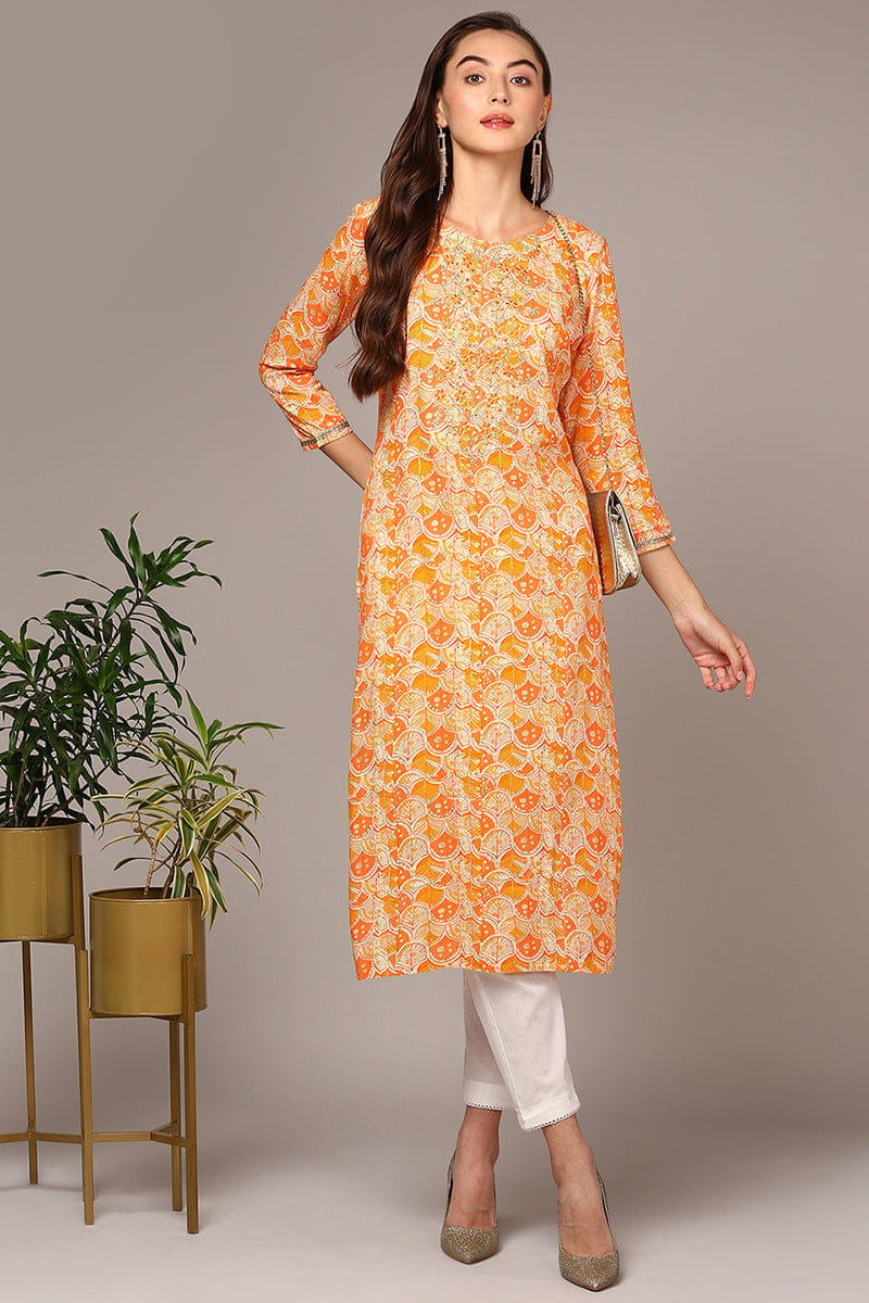 Plus Size Orange Viscose Rayon Embroidered Kurta VCK9509