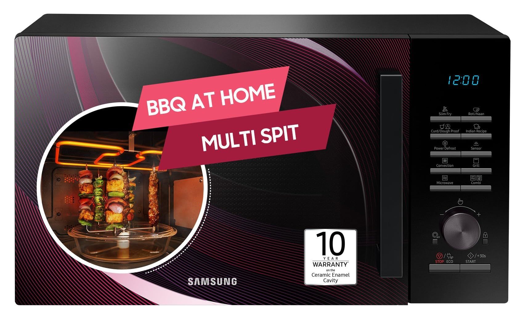 Samsung 28 L Slim Fry, Sensor Cook and Multi Spit Convection Microwave Oven (MC28A5145VR/TL, Black and Pattern, Ceramic Enamel Cavity with 10 Year Warranty Samsung 28 L Slim Fry, Sensor Cook and Multi Spit Convection Microwave Oven (MC28A5145VR/TL, Black