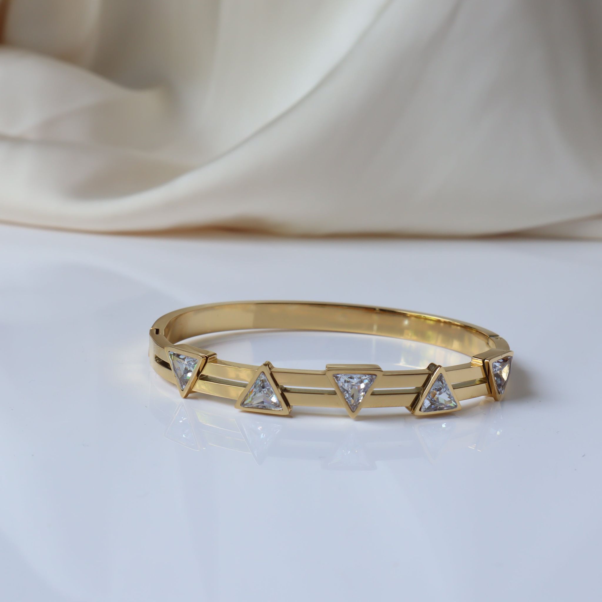 Triangle Studded 18K Gold Plated Bangle-White