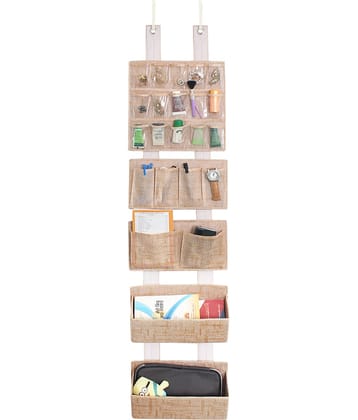 PrettyKrafts Multipurpose Strong velcro Wall Holder Storage Box, Shelf Saving Organiser for Storage Bedroom, Living Room Wall Pouch, Over The Door Organizer,(Pack of 1) JuteBrown