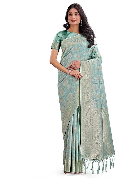 Astita Cotton Silk Saree with Zari Work, Mint Green and Silver, Tasselled Border