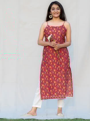 Scarlet Red Floral Spaghetti Straight and Strap Cotton Kurta-XS