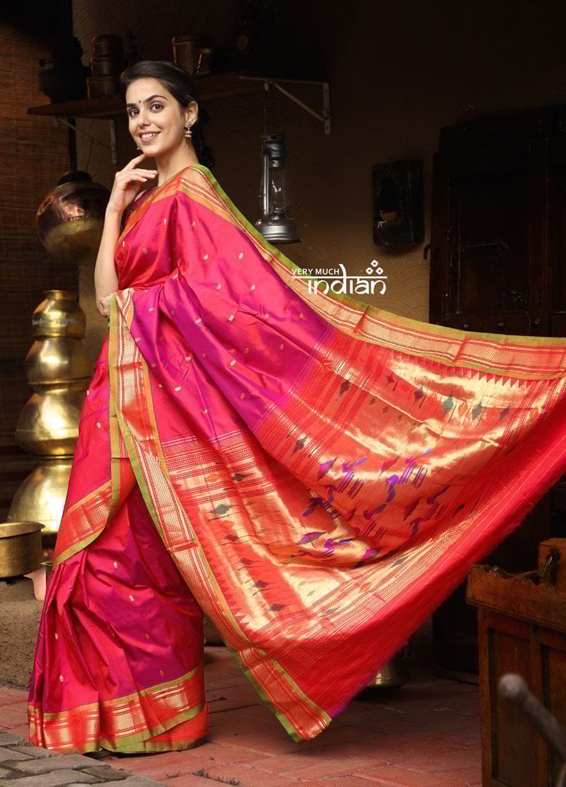 Utsaav Top Selling ~ Traditional Handloom Pure Silk Paithani Beautiful Peach Pink with Fresh Green Border