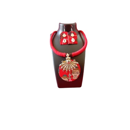 Handmade Kalamkari Fabric Jewelry Set - Vibrant Red Necklace & Earrings with Oxidized German Silver, Eco-Friendly Cotton, Lightweight Design, Perfect for Bohemian Style & Eco-Conscious Fashion Enthusiasts