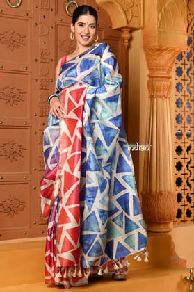 Shubh ~ Pure Tussar Silk Saree with Elegant Digital Print in Red and Blue