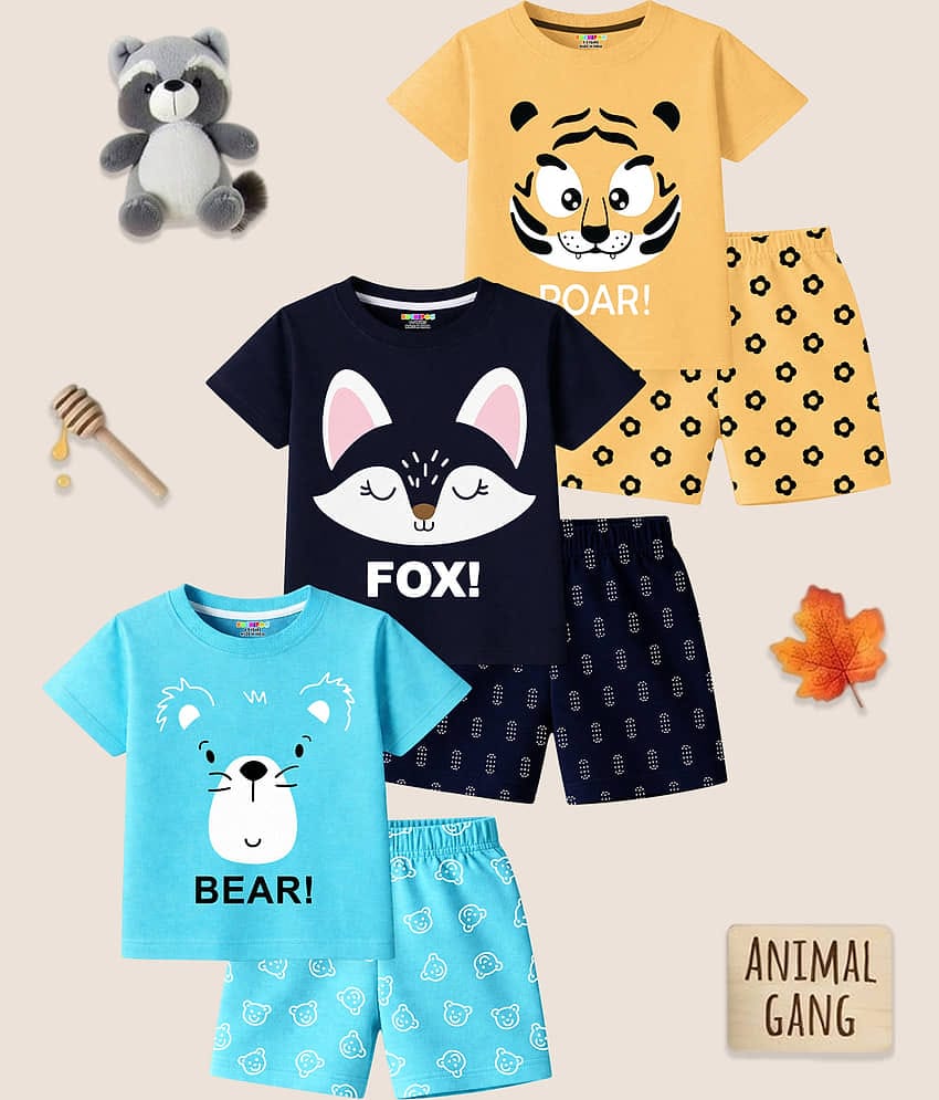 Kuchipoo Multicolor Cotton Blend Baby Boy T-Shirt & Shorts ( Pack of 3 )