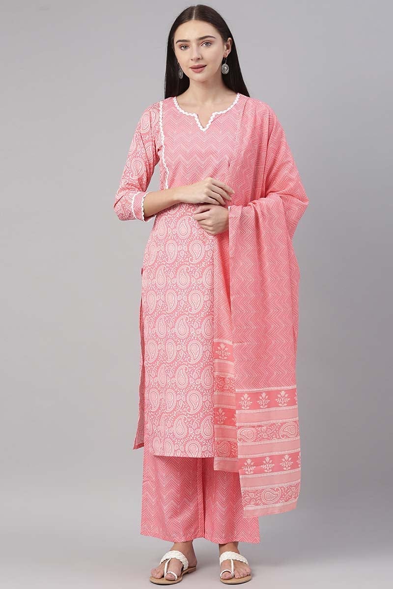 Pink Polyester Paisley Printed Straight Suit Set PKSKD1030
